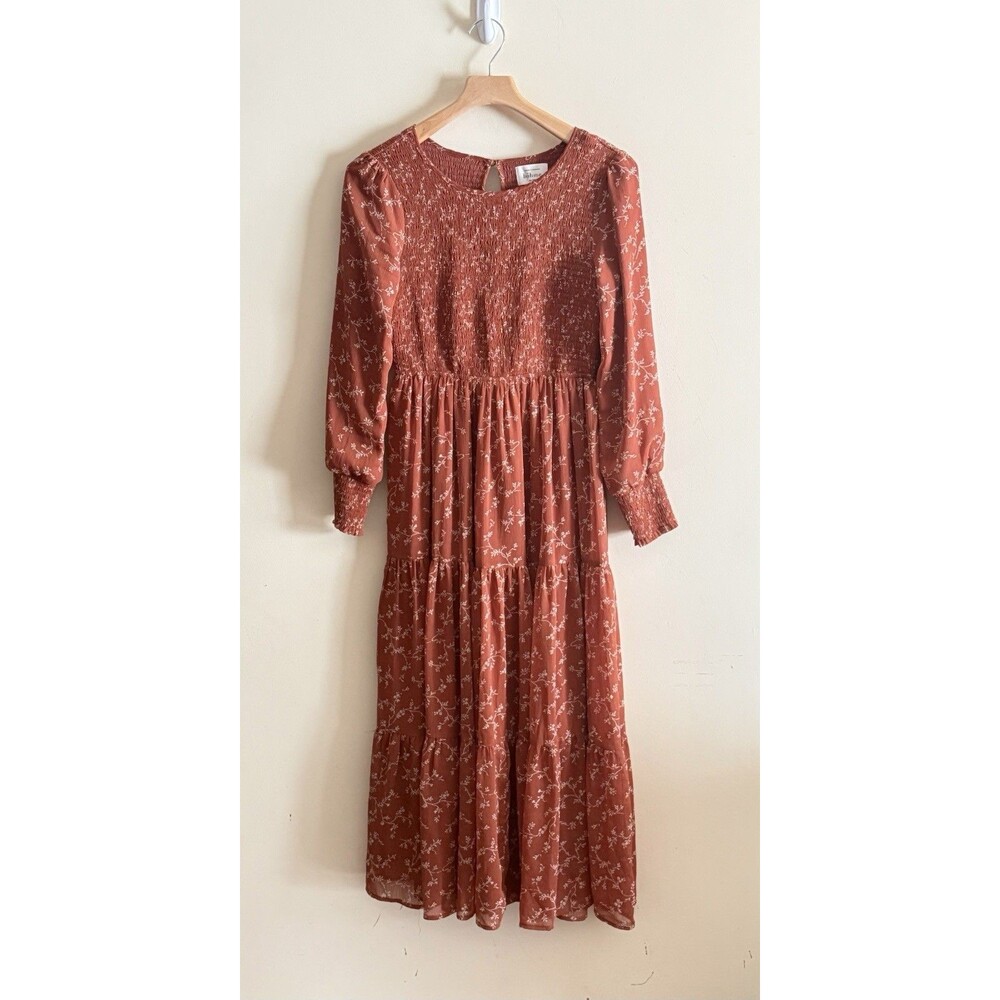 Bohme Rust Smocked‎ Midi Dress Floral Fall Tiered Size Small Boho Casual